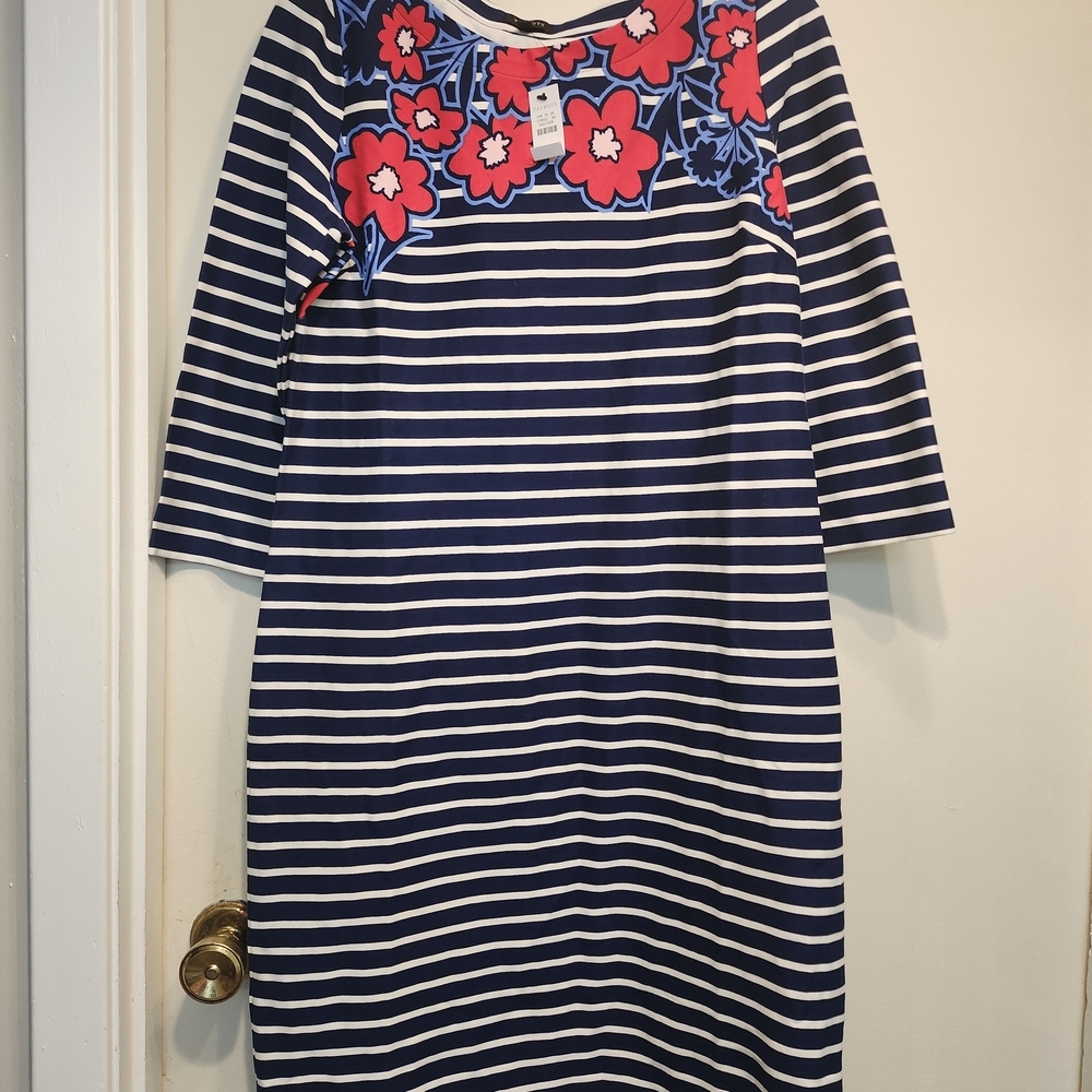 Talbots Navy and White Striped Dress with Pink Floral Design